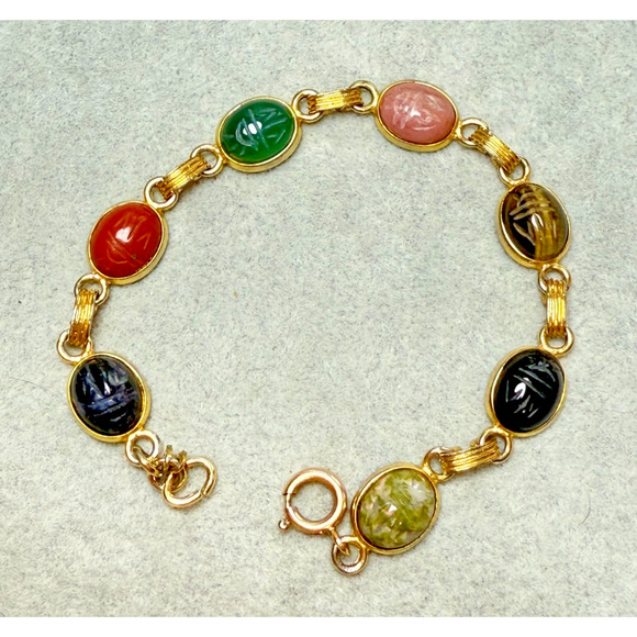 Vintage 7" Egyptian Revival Scarab Beetle Bracelet Semi Precious 14K Gold Filled - Picture 1 of 6